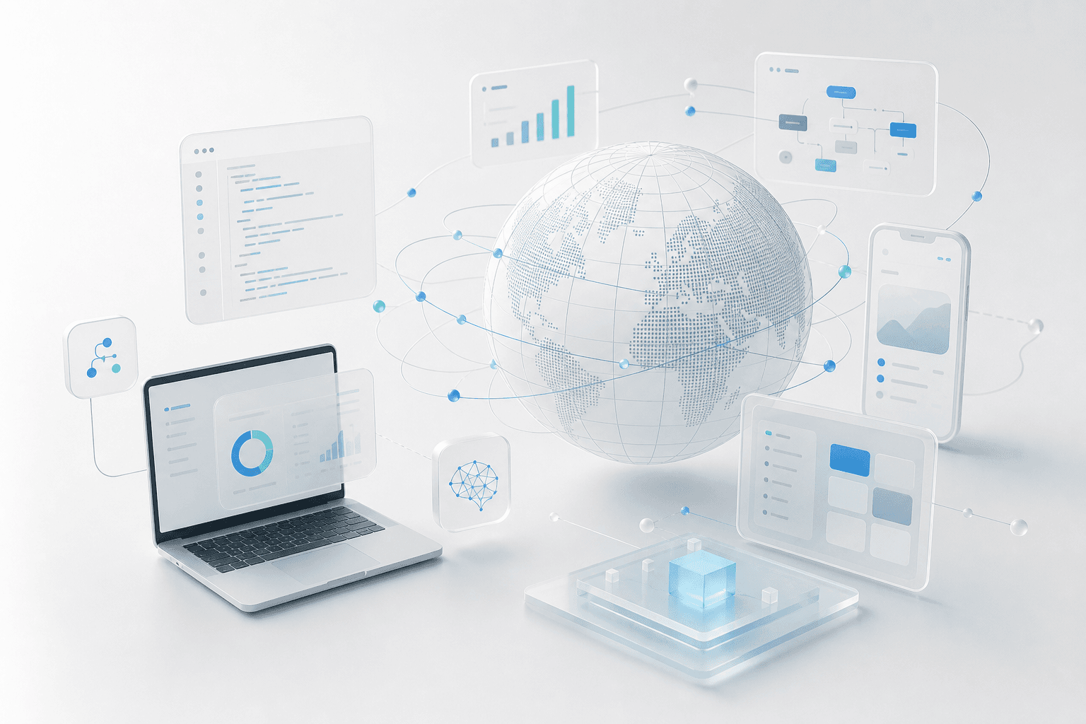 AI-native product lab visual with globe, mobile, desktop, and workflow panels